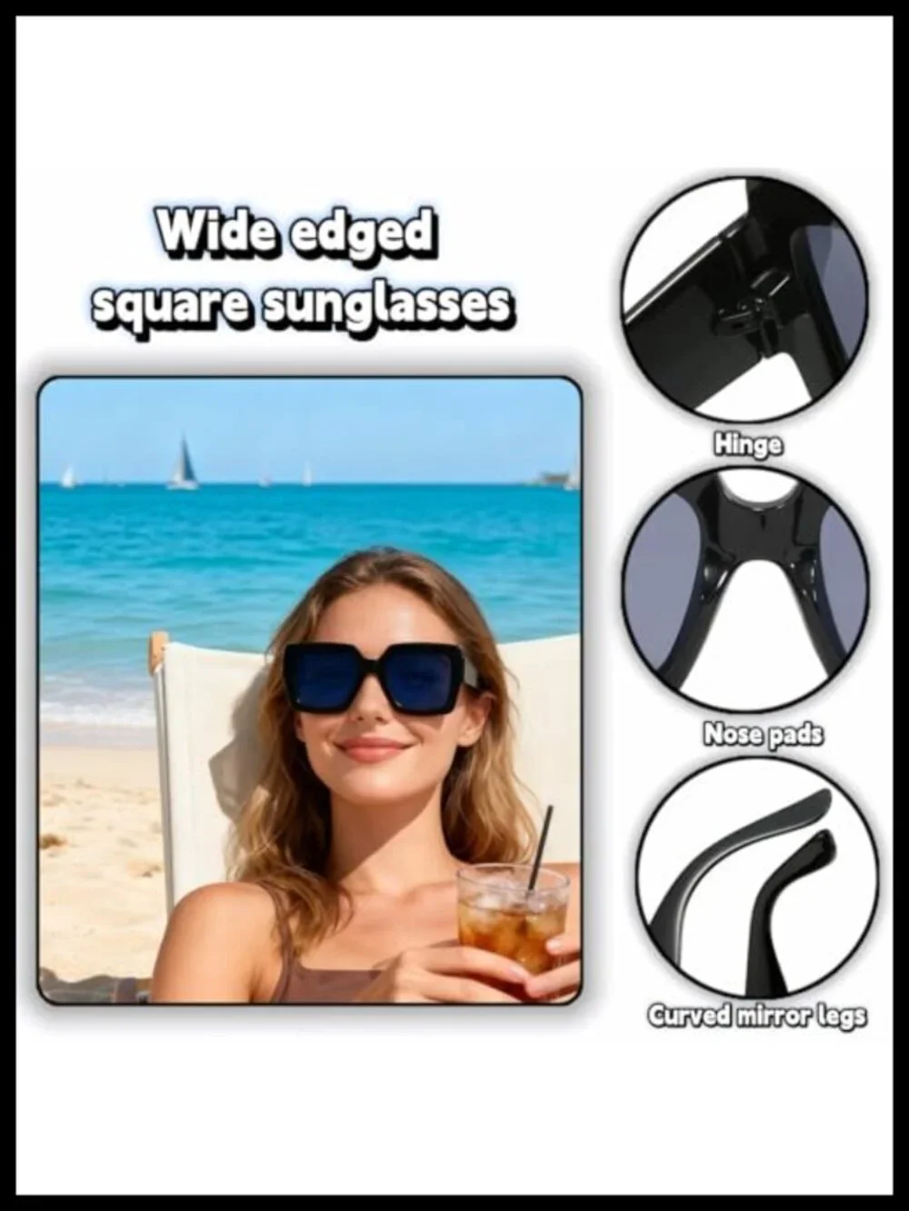 Oversized Square Sunglasses Retro UV Protection Black Frame Grey Lenses